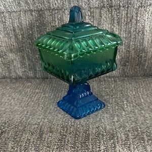 Vintage Jeannette Glass "Wedding Cake Box" or pedestal candy dish green and blue